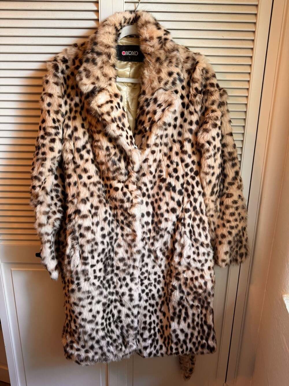 OXOXO Genuine Rabbit Fur Leopard Print Belted Trench Coat Size L
